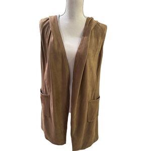 Black Noir Women's Hooded Faux Suede Vest Brown Sleeveless Open Front Size S